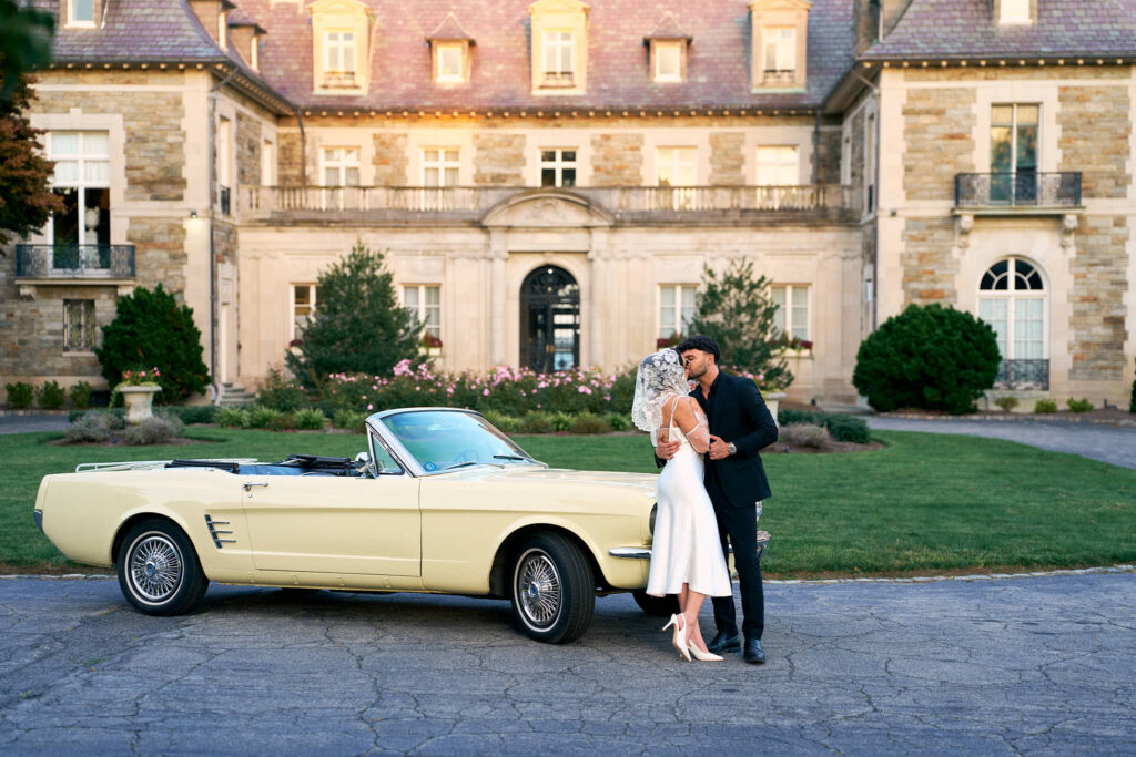 Engagement session with classic car at Aldrich Mansion in Warwick, Rhode Island