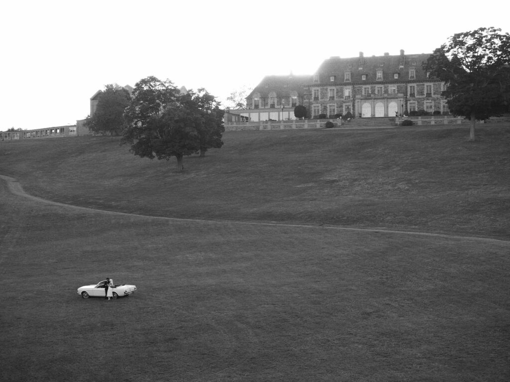 Aldrich Mansion engagement session with classic car in Rhode Island