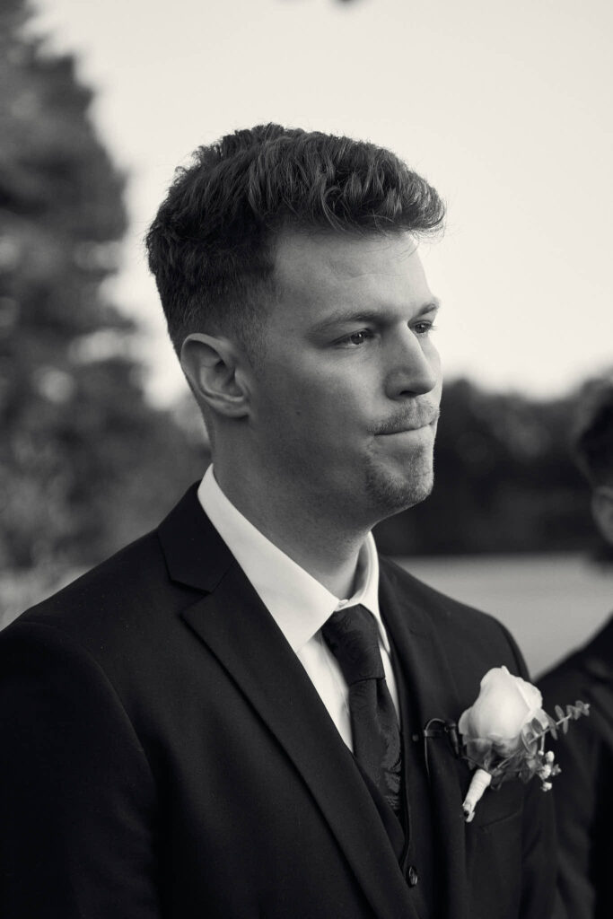 Groom reaction at Mount Hope Farm wedding