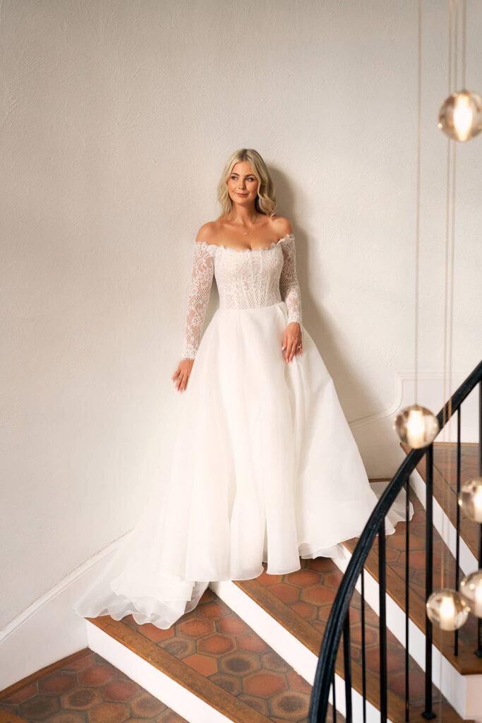 Bridal portrait on a staircase at Shepherd's Run in RI