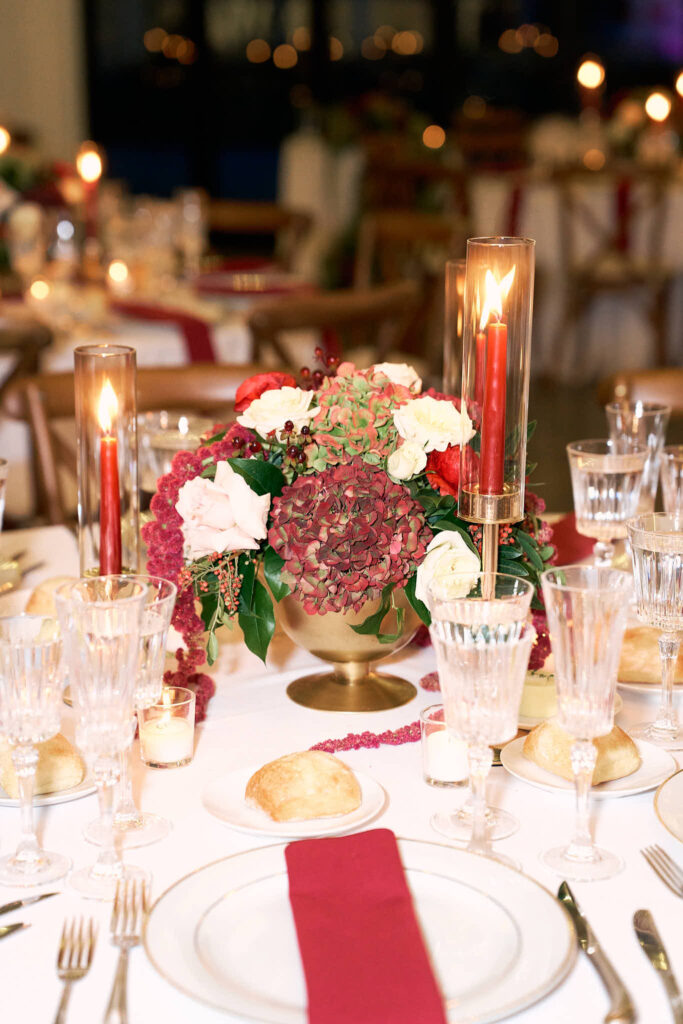 Shepherd's Run red and white wedding reception tablescape