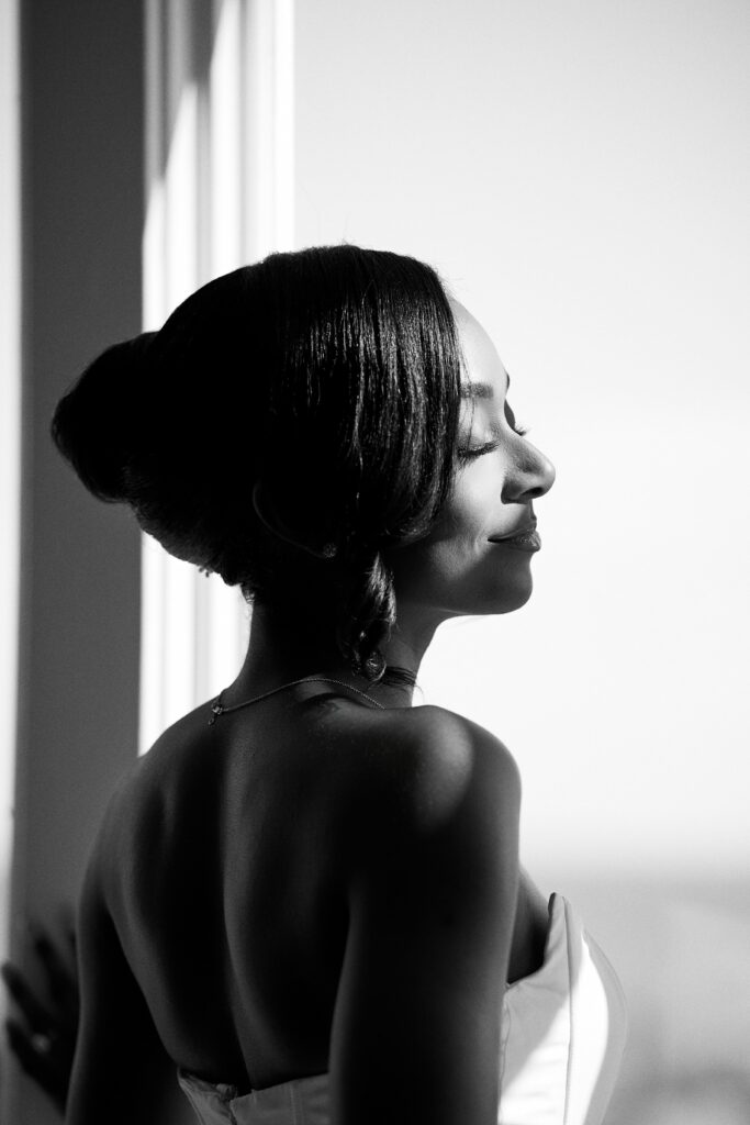 Black and white bridal portrait at waterfront wedding in Westbrook, Connecticut