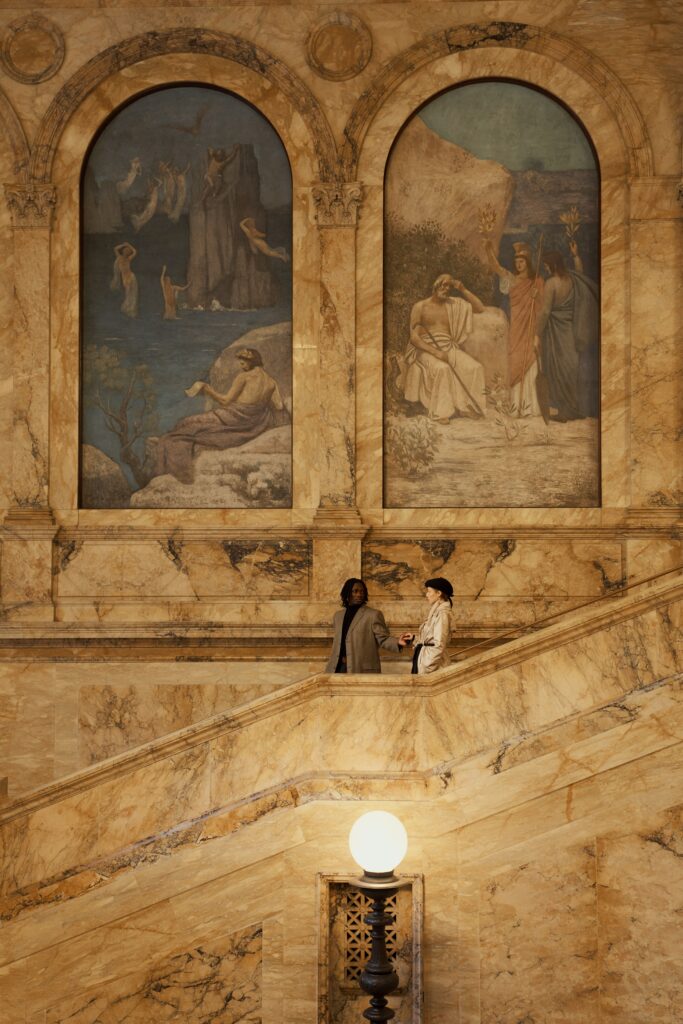 Boston wedding photographer captures editorial engagement photos at Boston Public Library