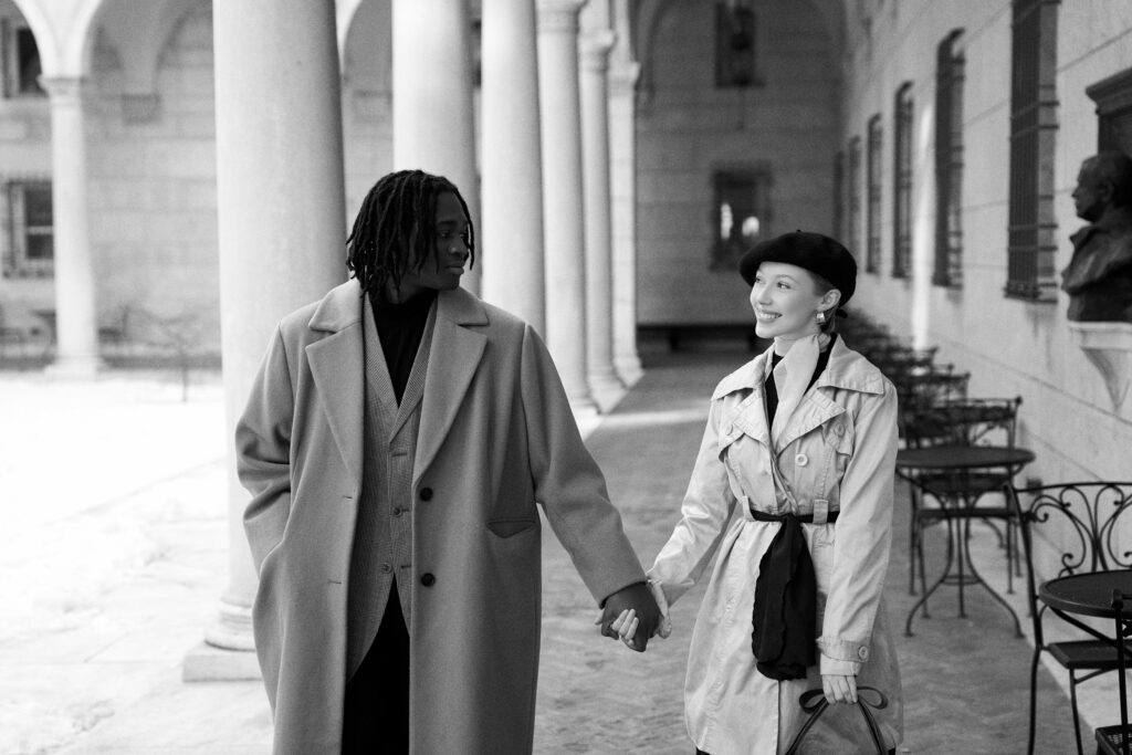 Outdoor engagement photos in Boston in the Boston Public Library courtyard
