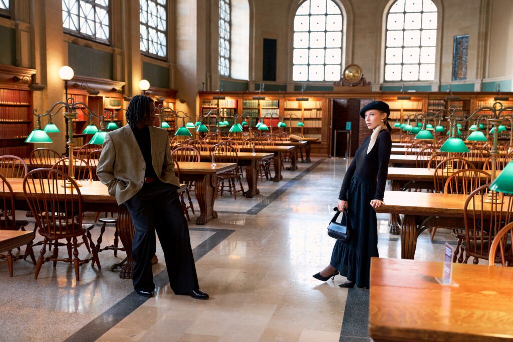 Couple pose in Bates Hall at Boston Public Library for their engagement session