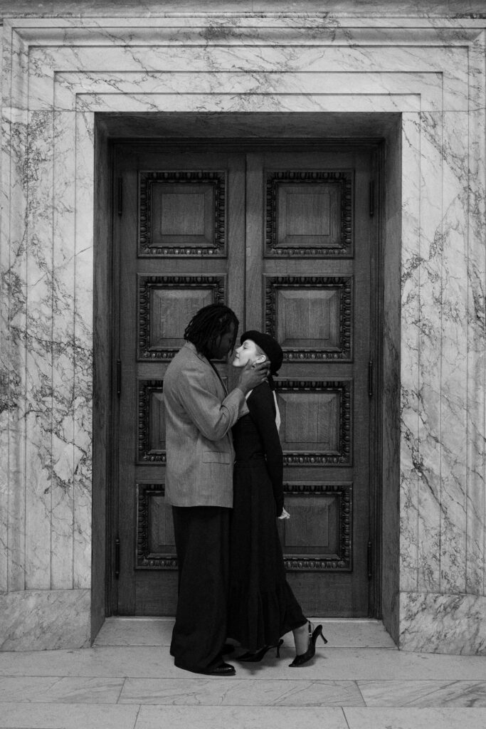 Romantic vintage-style photos of engaged couple at the Boston Public Library
