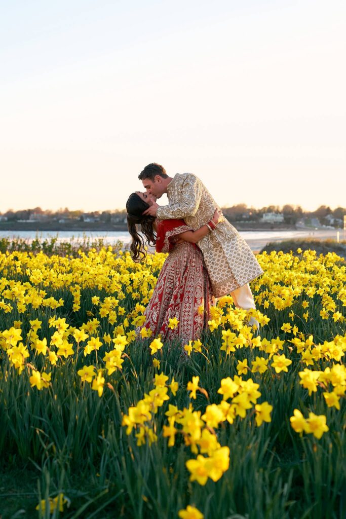Couple's portraits by the water at Newport Beach House Indian wedding