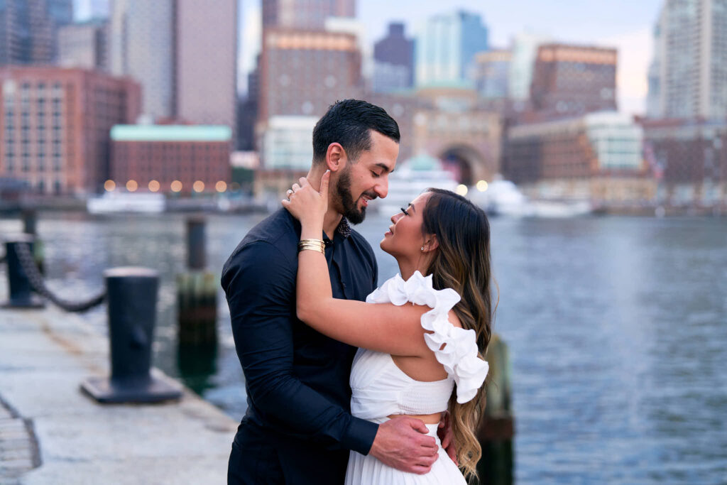 Sunset engagement session at Fan Pier Park in Beacon Hill